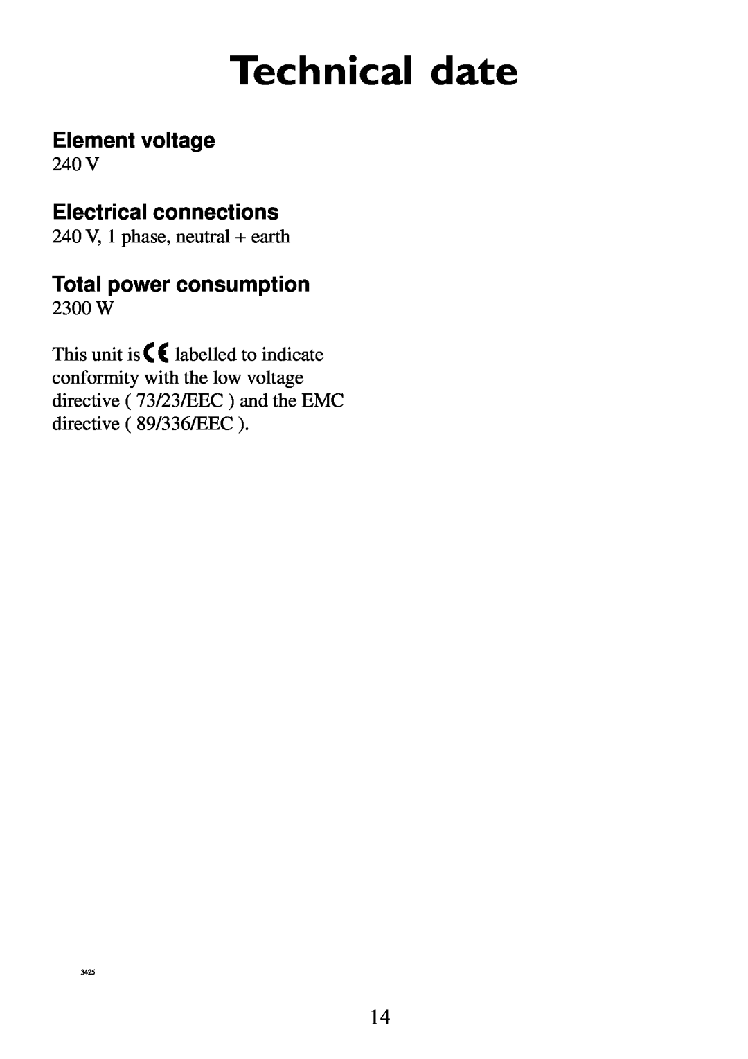 AEG 949600686 manual Technical date, Element voltage, Electrical connections, Total power consumption 