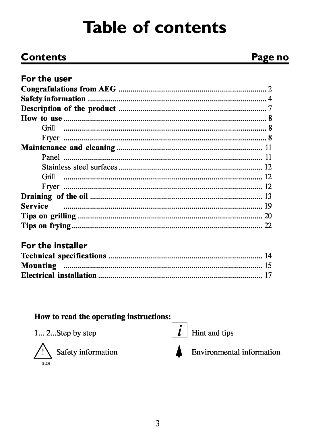 AEG 949600686 manual Table of contents, For the user, For the installer, How to read the operating instructions, Contents 