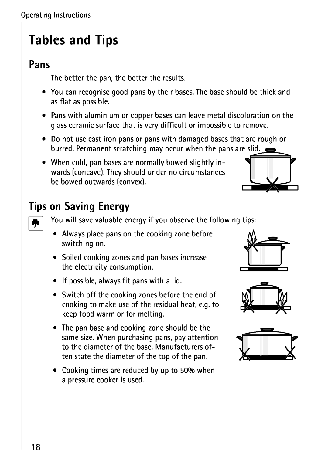AEG 95300KA-MN operating instructions Tables and Tips, Pans, Tips on Saving Energy 