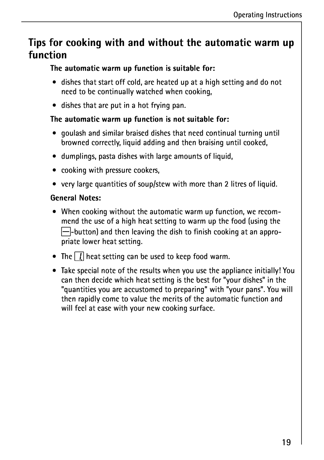 AEG 95300KA-MN operating instructions Tips for cooking with and without the automatic warm up function 