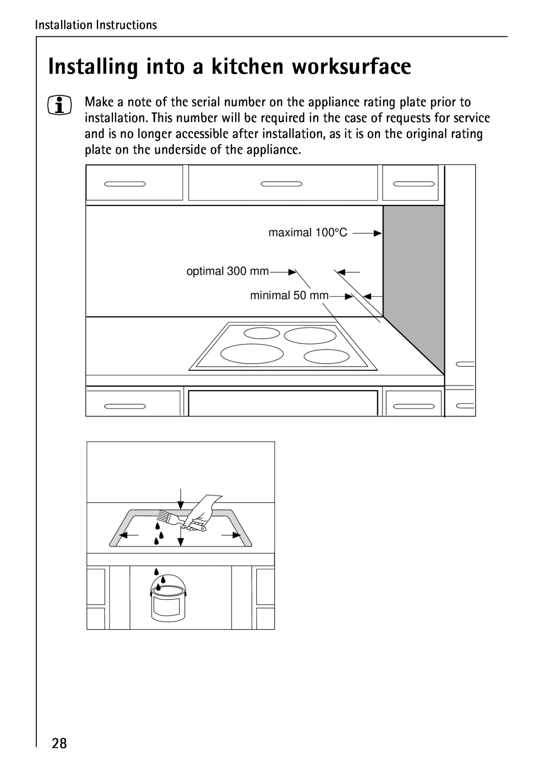 AEG 95300KA-MN Installing into a kitchen worksurface, Installation Instructions, optimal 300 mm, minimal 50 mm 