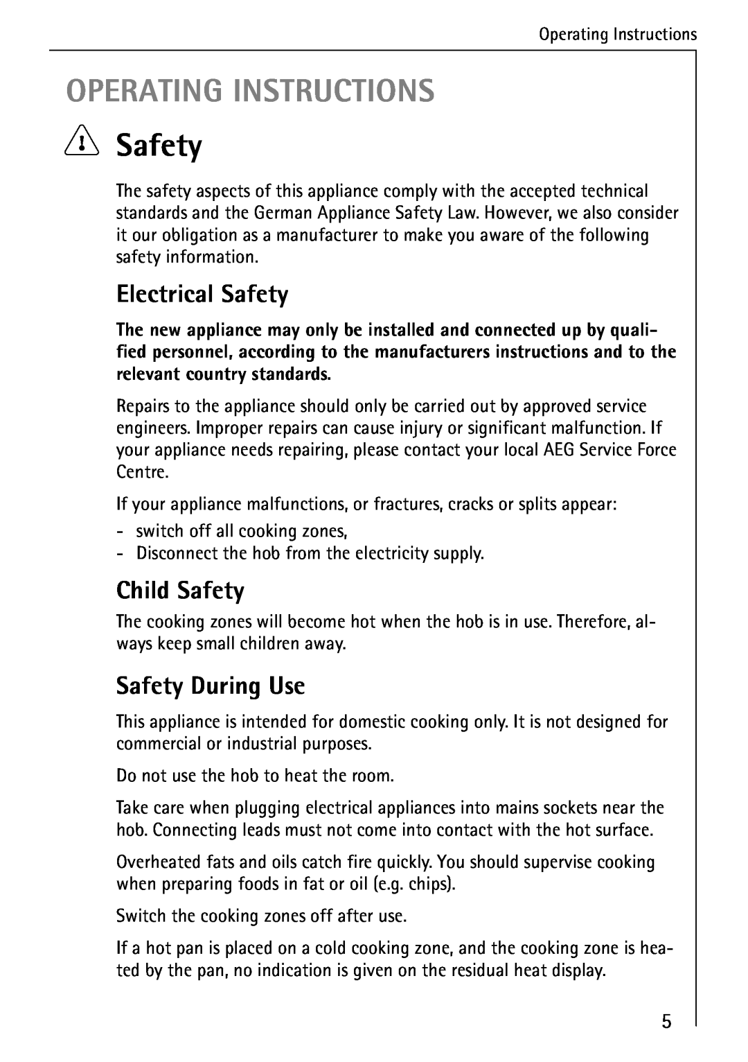AEG 95300KA-MN operating instructions Operating Instructions, Electrical Safety, Child Safety, Safety During Use 