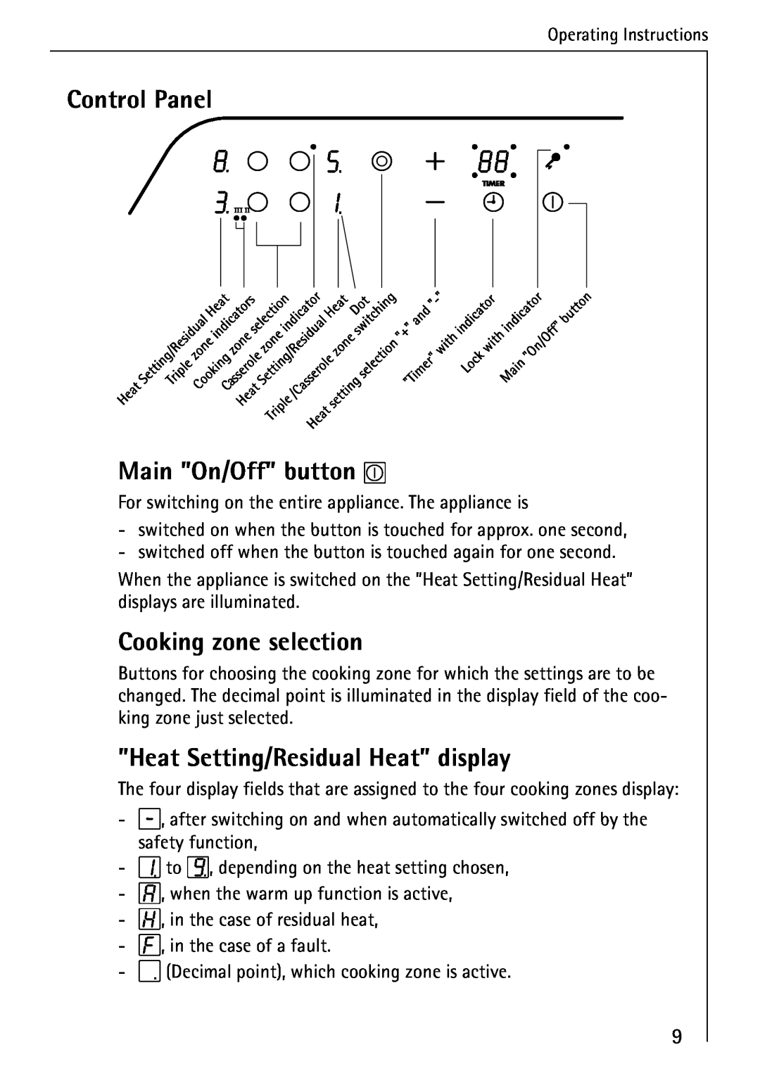 AEG 95300KA-MN Control Panel, Main On/Off button, Cooking zone selection, Heat Setting/Residual Heat display 