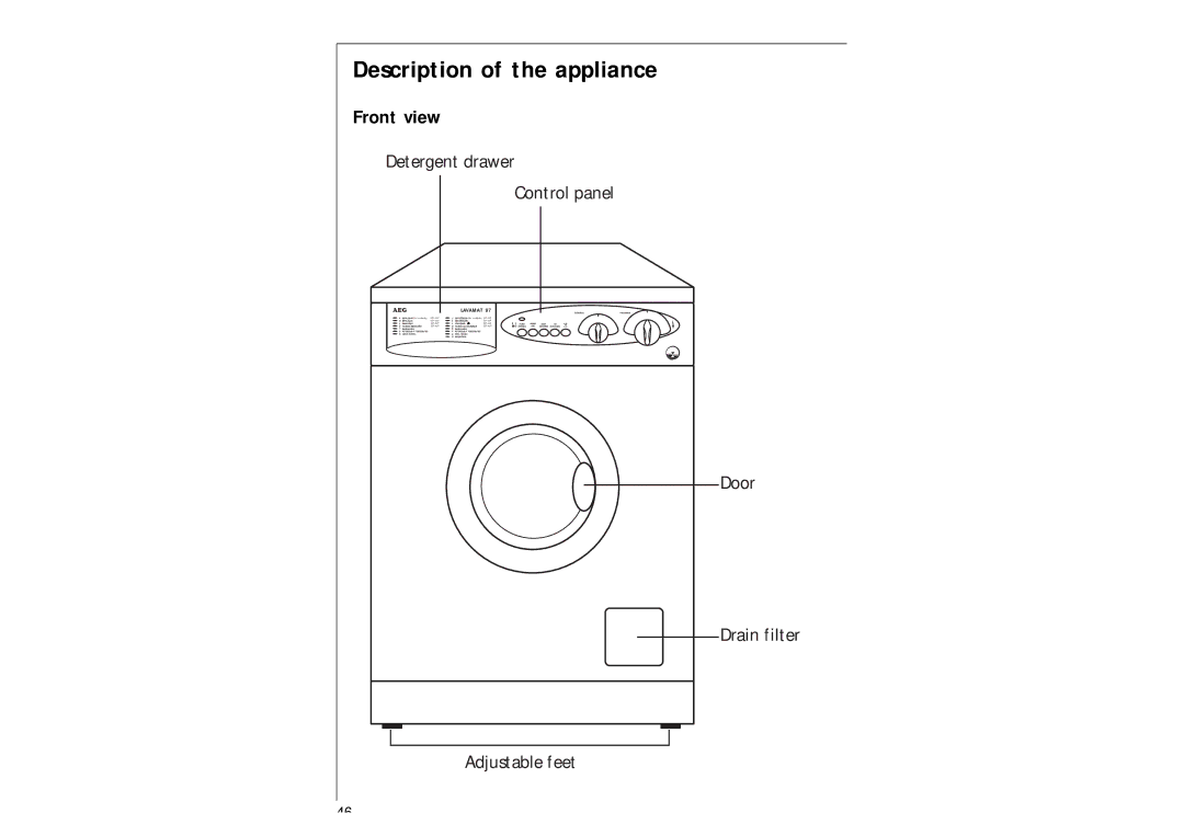 AEG 97-115 manual Description of the appliance, Front view 