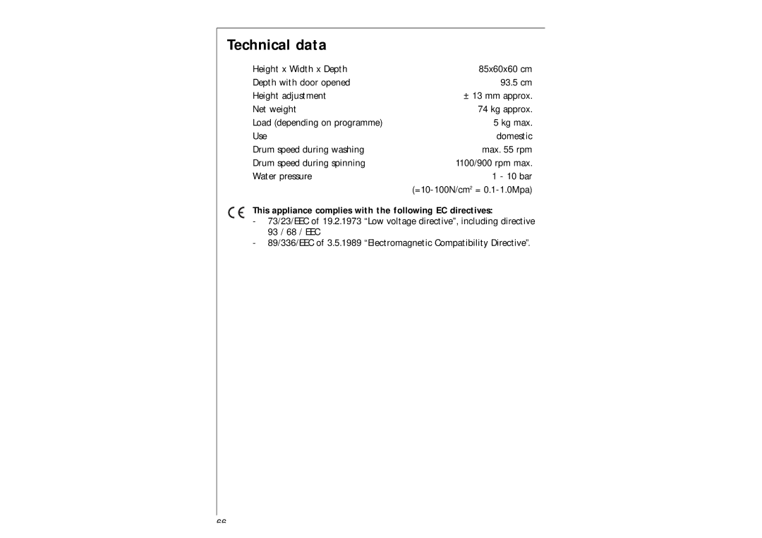 AEG 97-115 manual Technical data, This appliance complies with the following EC directives 