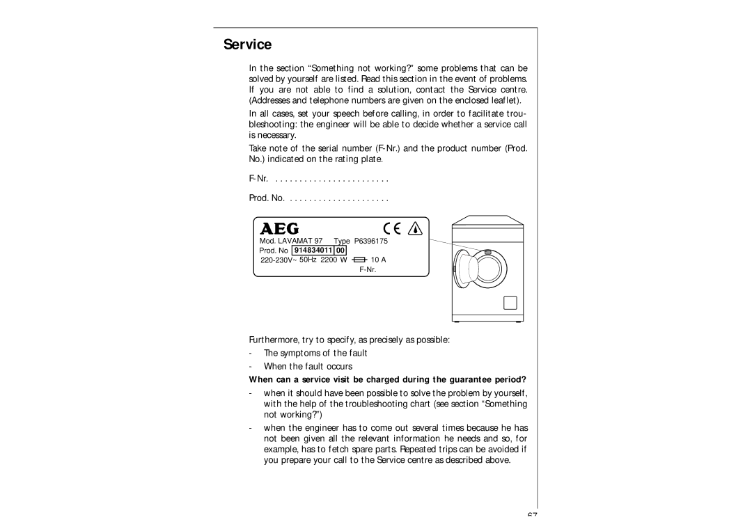 AEG 97-115 manual Service 