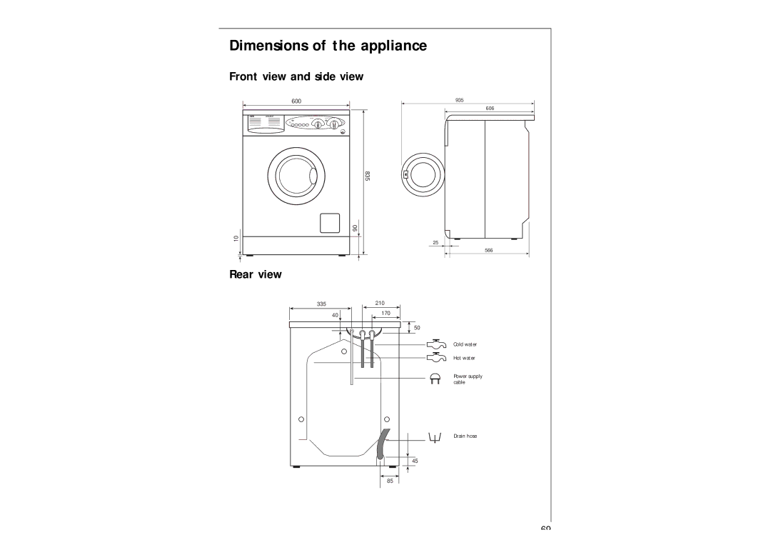 AEG 97-115 manual Dimensions of the appliance, Rear view 