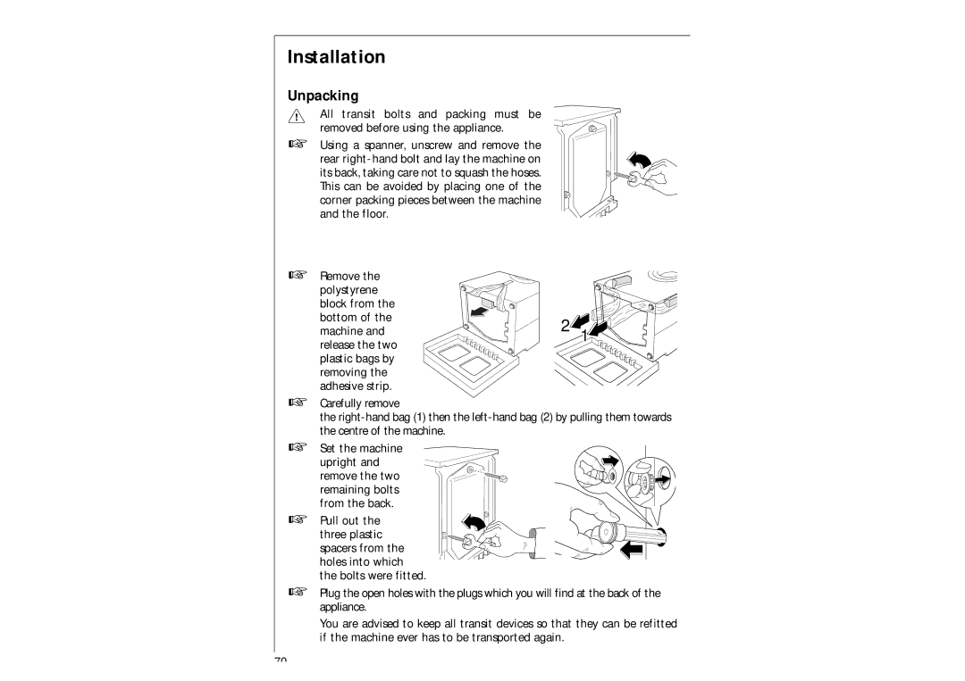 AEG 97-115 manual Installation, Unpacking 