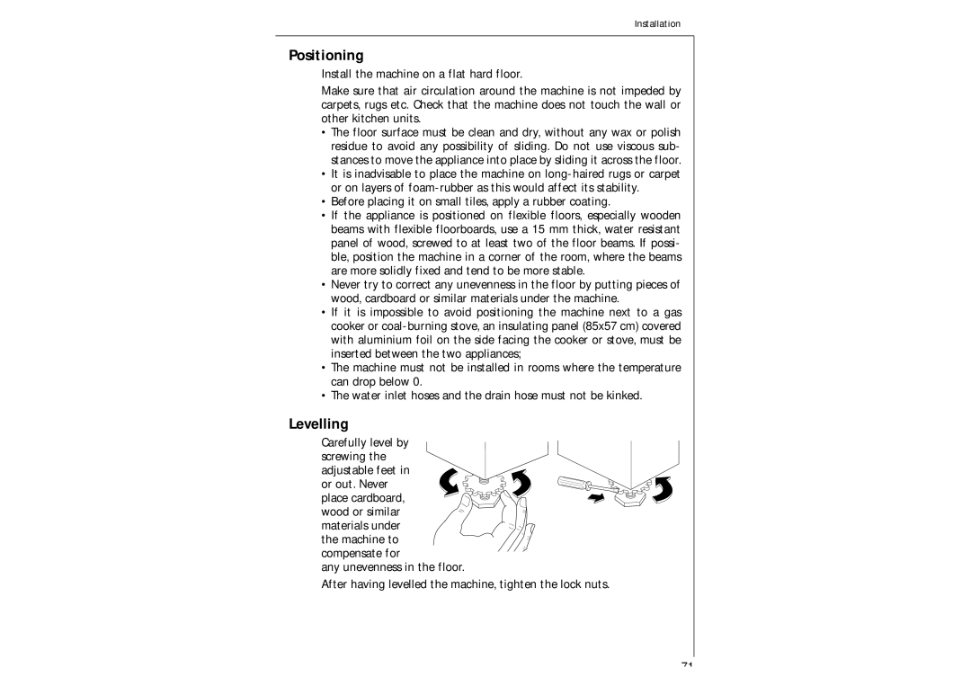 AEG 97-115 manual Positioning, Levelling, Before placing it on small tiles, apply a rubber coating 
