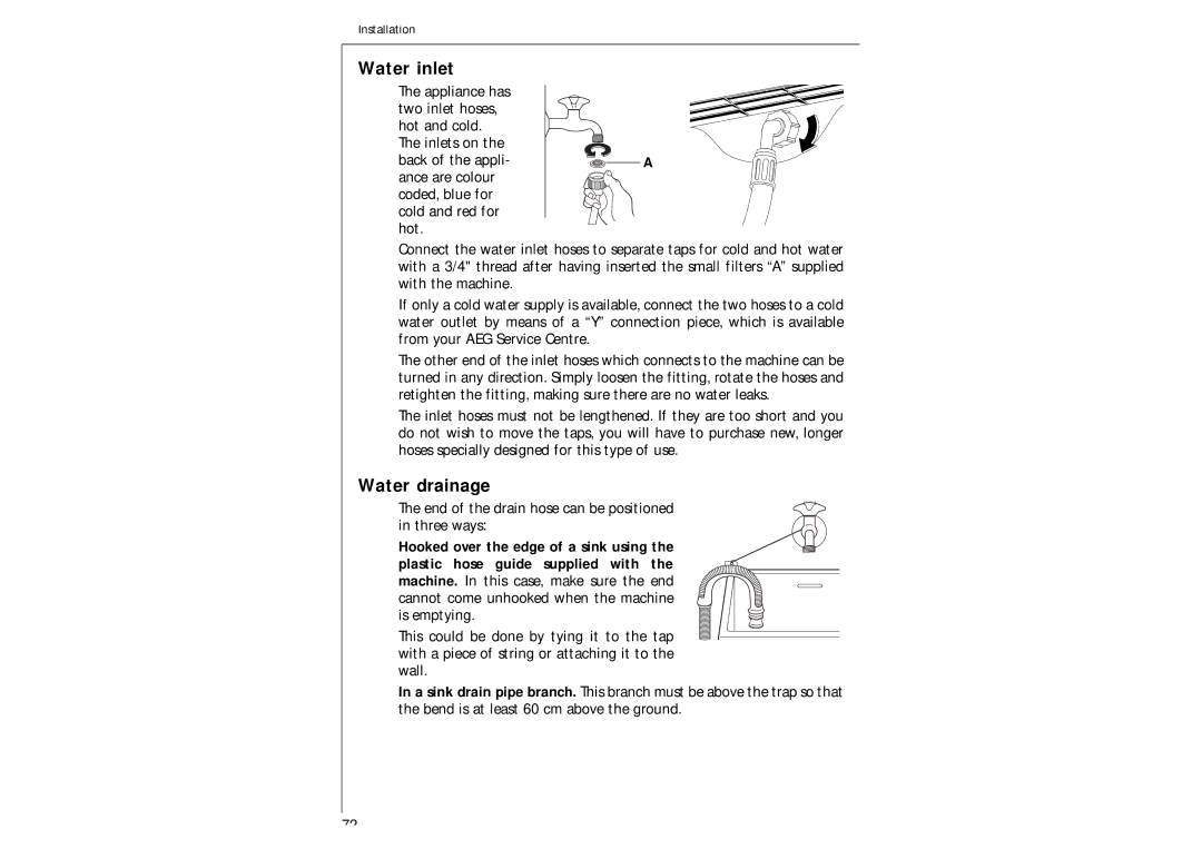 AEG 97-115 manual Water inlet, Water drainage, End of the drain hose can be positioned in three ways 