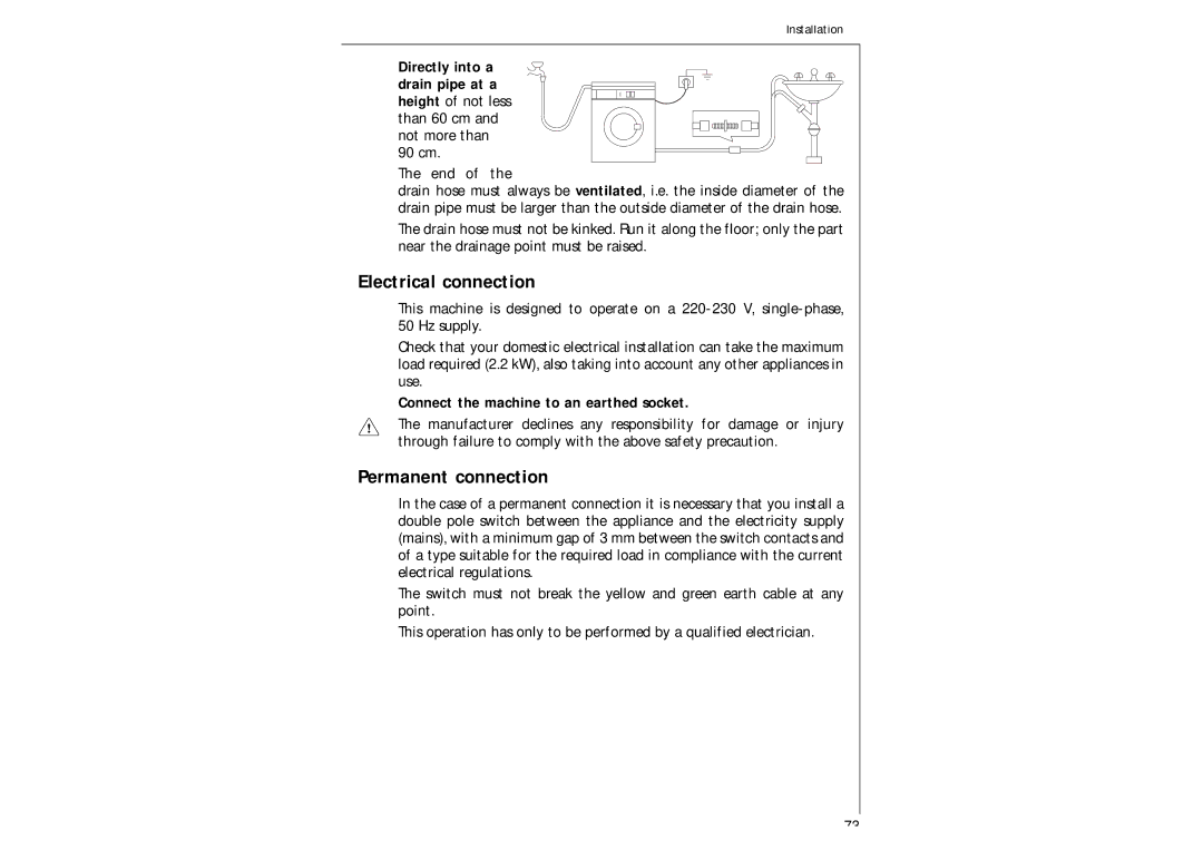 AEG 97-115 manual Electrical connection, Permanent connection, Directly into a, Not more than 90 cm End 