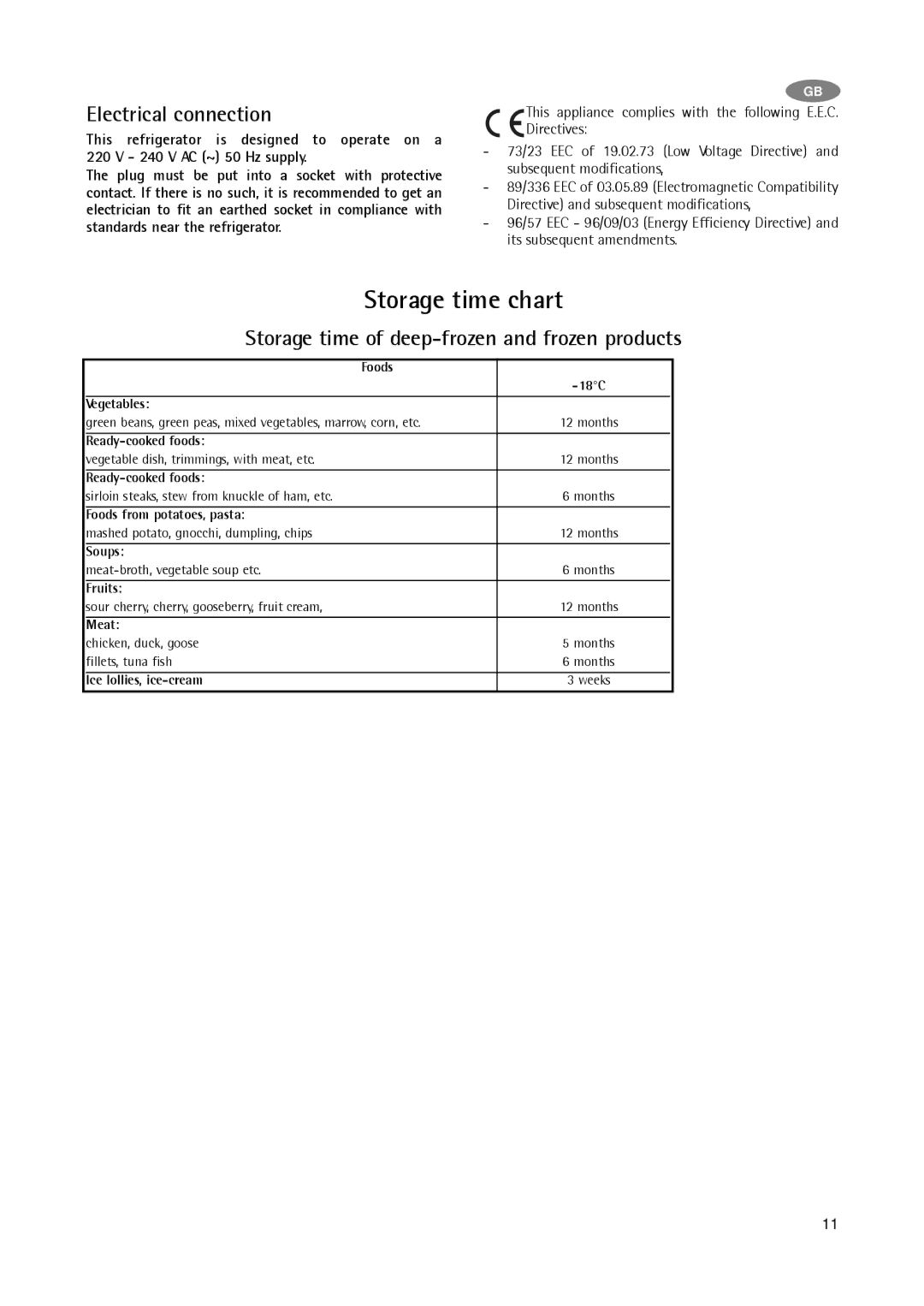 AEG A 75100 GA3 manual Storage time chart, Storage time of deep-frozen and frozen products 