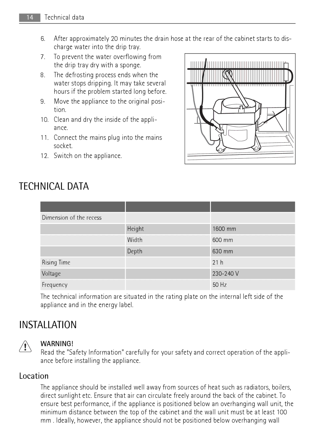 AEG A62000GNW0 user manual Technical Data, Installation, Location 