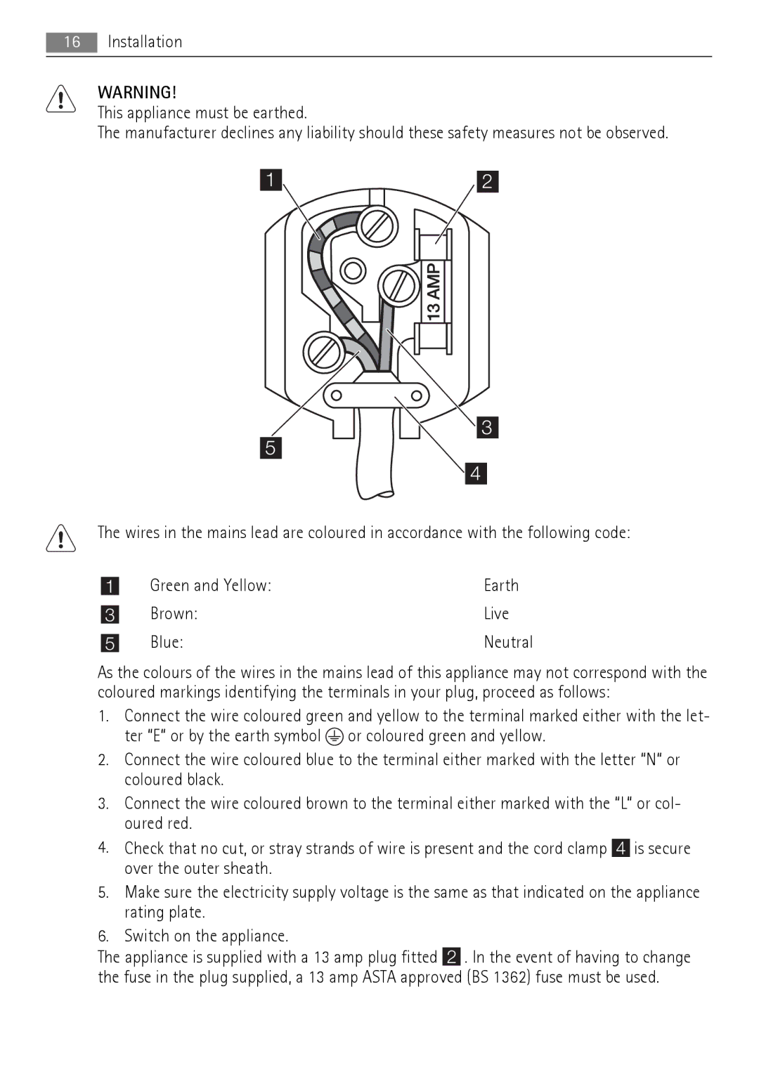 AEG A62000GNW0 user manual Installation This appliance must be earthed 