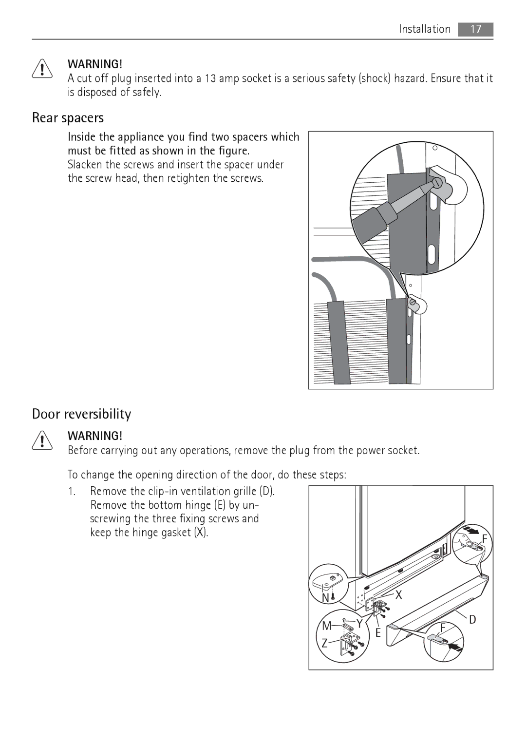 AEG A62000GNW0 user manual Rear spacers, Door reversibility 