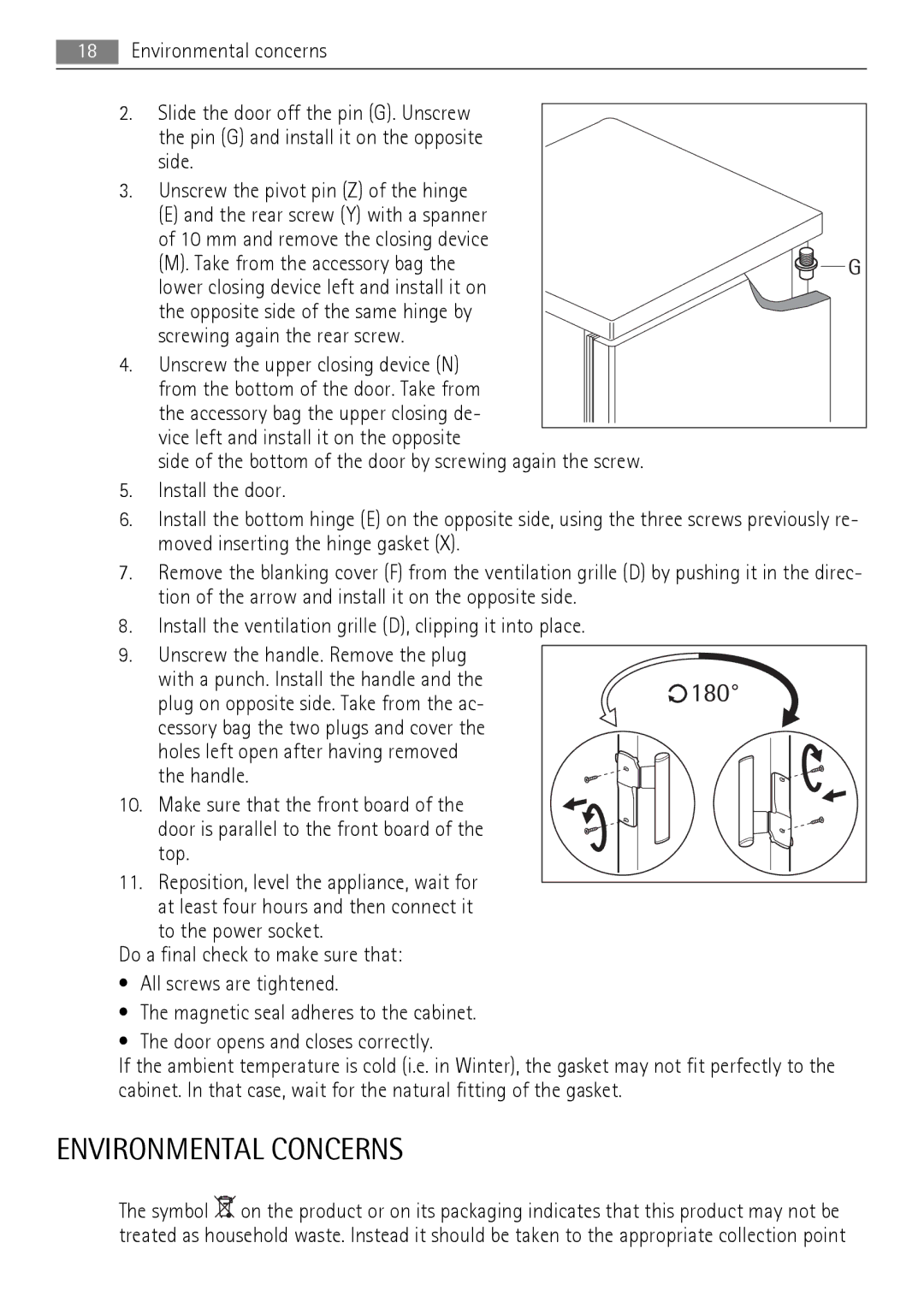 AEG A62000GNW0 user manual Environmental Concerns, 180 