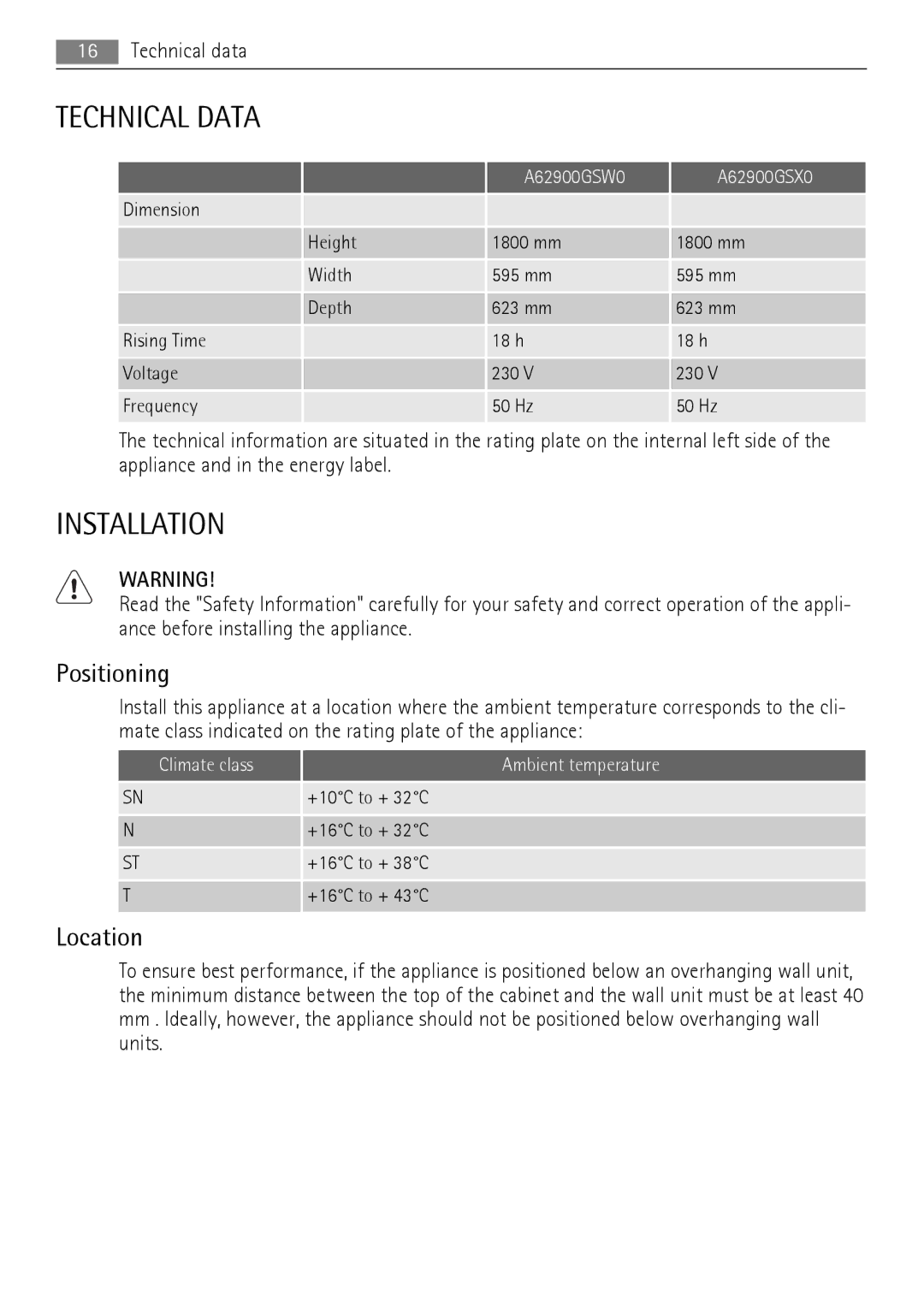 AEG A62900GSW0, A62900GSX0 user manual Technical Data, Installation, Positioning, Location 