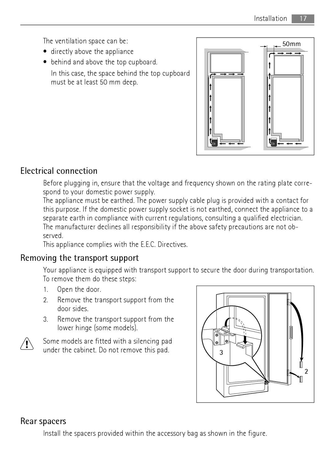 AEG A62900GSX0, A62900GSW0 user manual Electrical connection, Removing the transport support, Rear spacers 