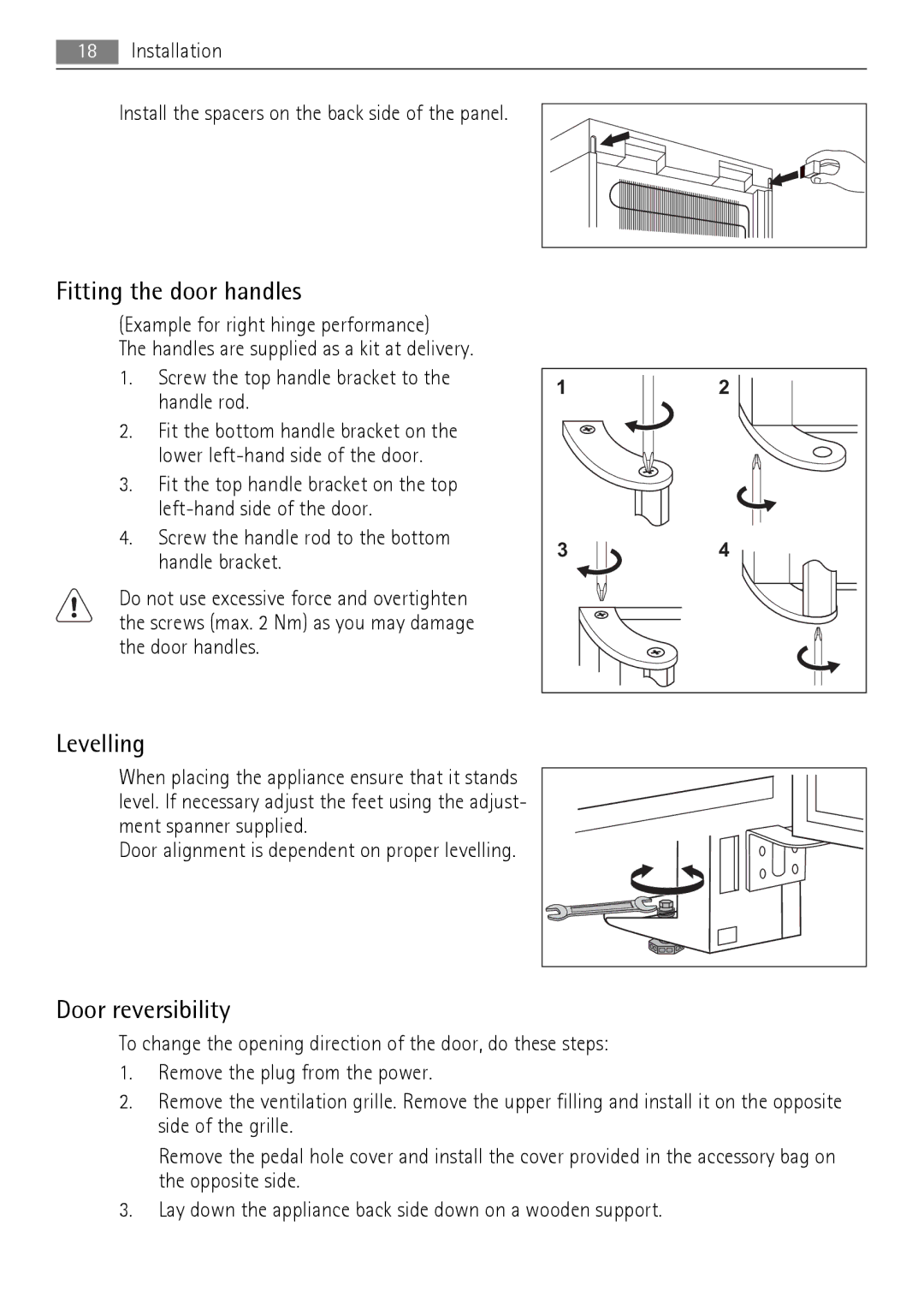 AEG A62900GSW0, A62900GSX0 user manual Fitting the door handles, Levelling, Door reversibility 