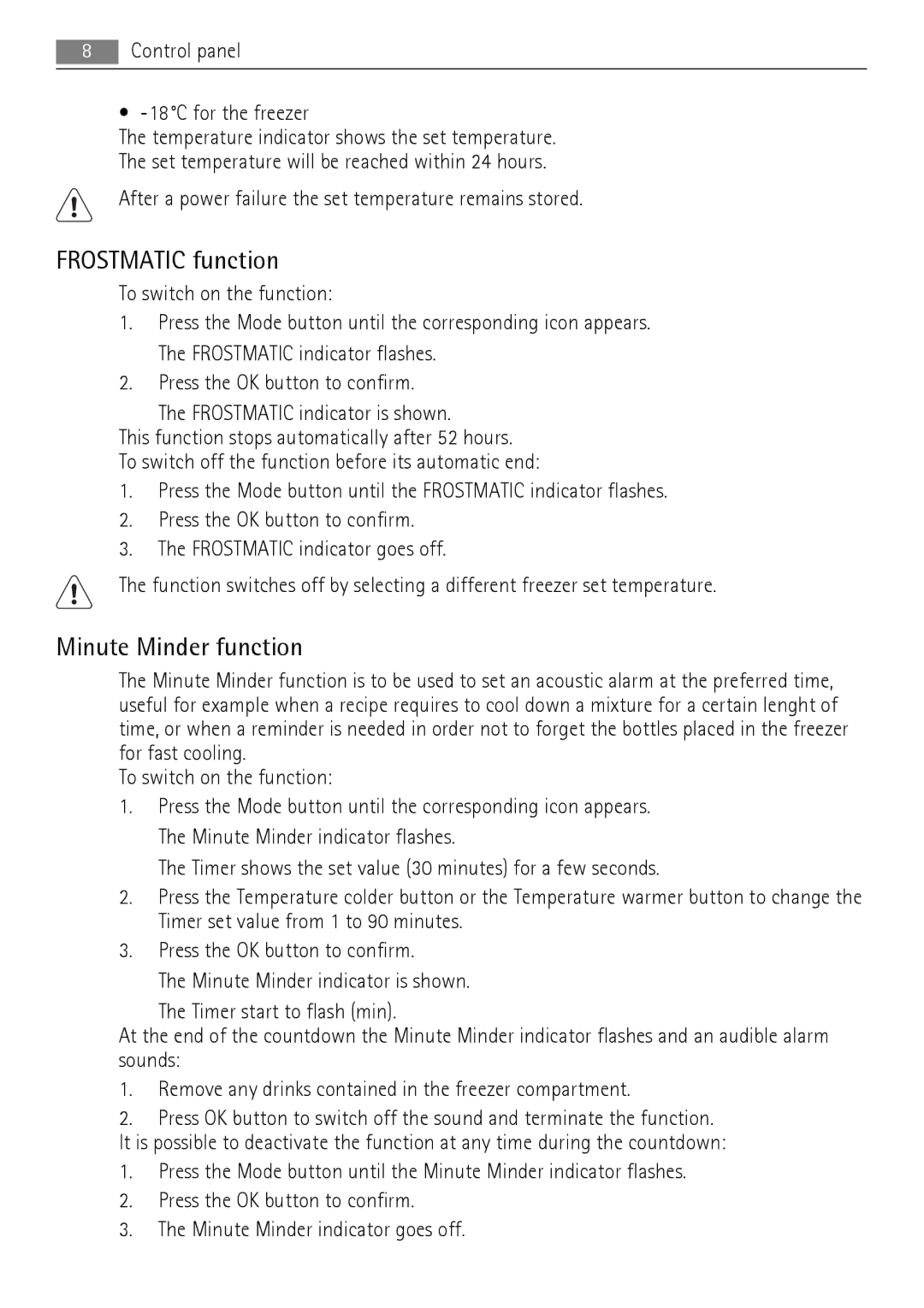 AEG A62900GSW0, A62900GSX0 user manual Frostmatic function, Minute Minder function 