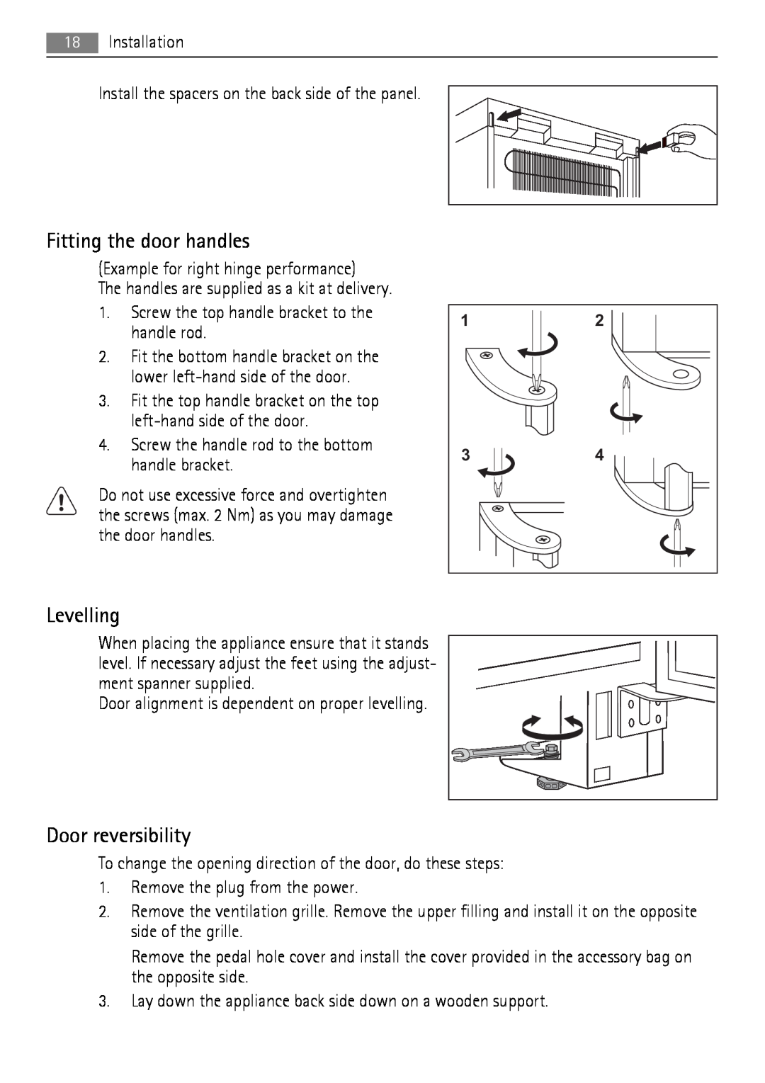AEG A62900GSW0, A62900GSX0 user manual Fitting the door handles, Levelling, Door reversibility 