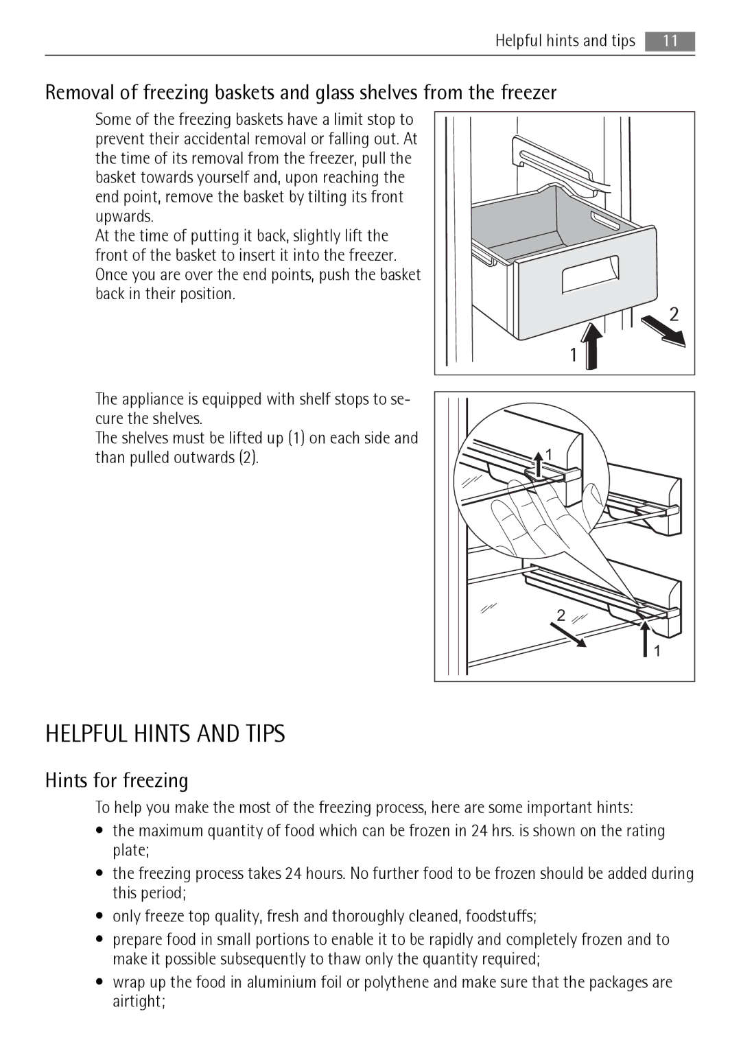 AEG A72900GNX0, A72900GNW0 user manual Helpful Hints and Tips, Hints for freezing 