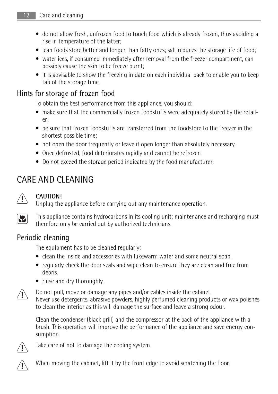 AEG A72900GNW0, A72900GNX0 user manual Care and Cleaning, Hints for storage of frozen food, Periodic cleaning 