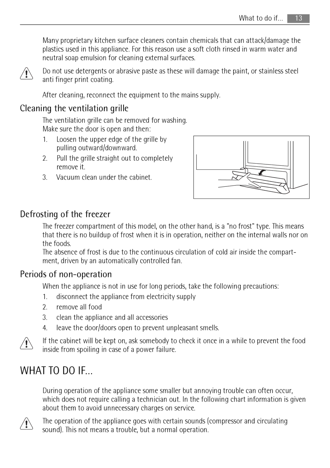 AEG A72900GNX0 What to do IF…, Cleaning the ventilation grille, Defrosting of the freezer, Periods of non-operation 