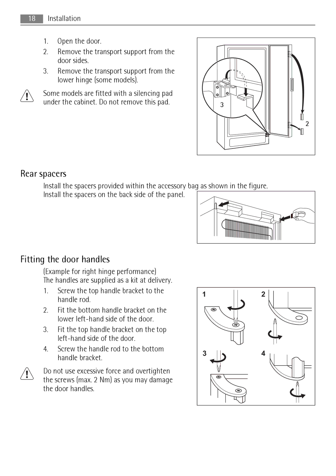 AEG A72900GNW0, A72900GNX0 user manual Rear spacers, Fitting the door handles 