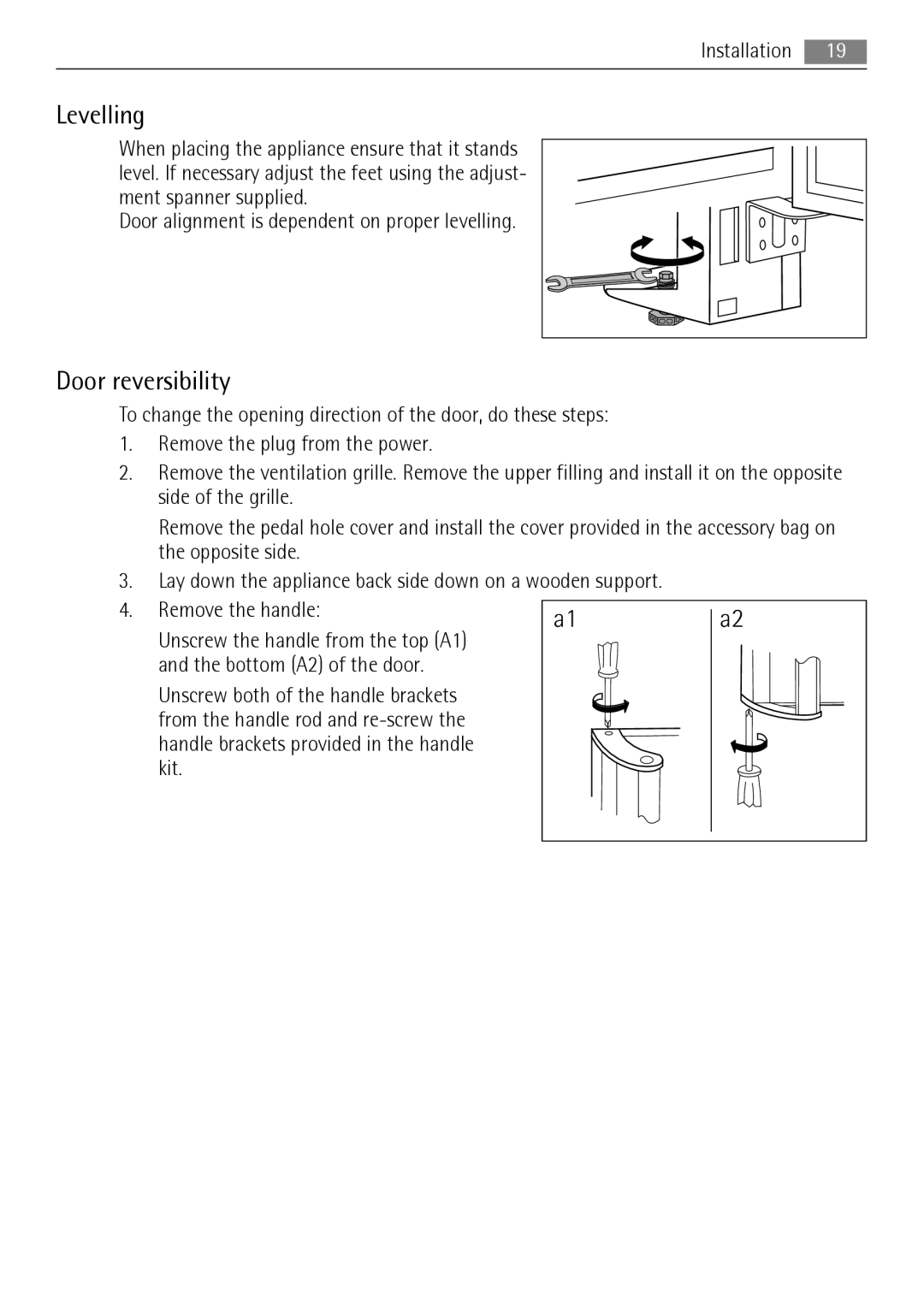 AEG A72900GNX0, A72900GNW0 user manual Levelling, Door reversibility 