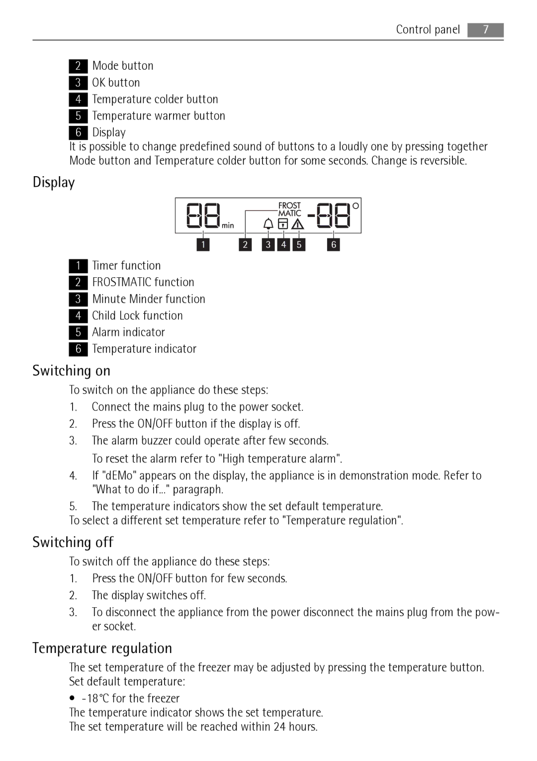 AEG A72900GNX0, A72900GNW0 user manual Display, Switching on, Switching off, Temperature regulation 