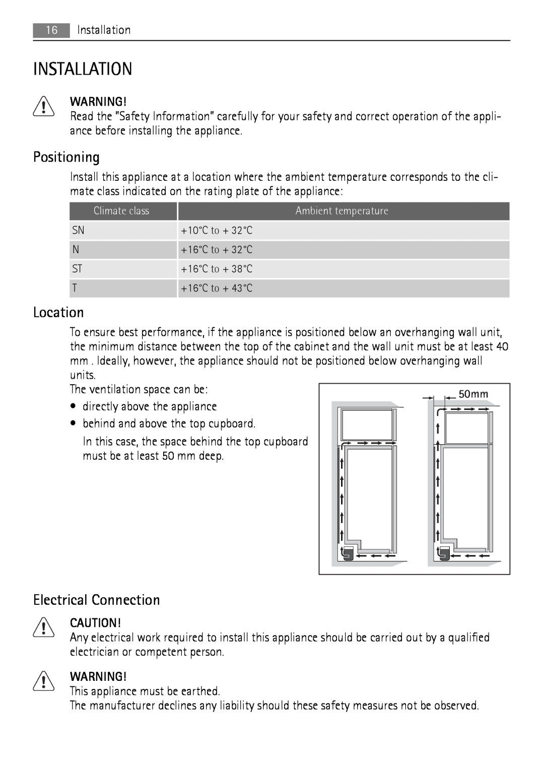 AEG A72900GNW0, A72900GNX0 user manual Installation, Positioning, Location, Electrical Connection 