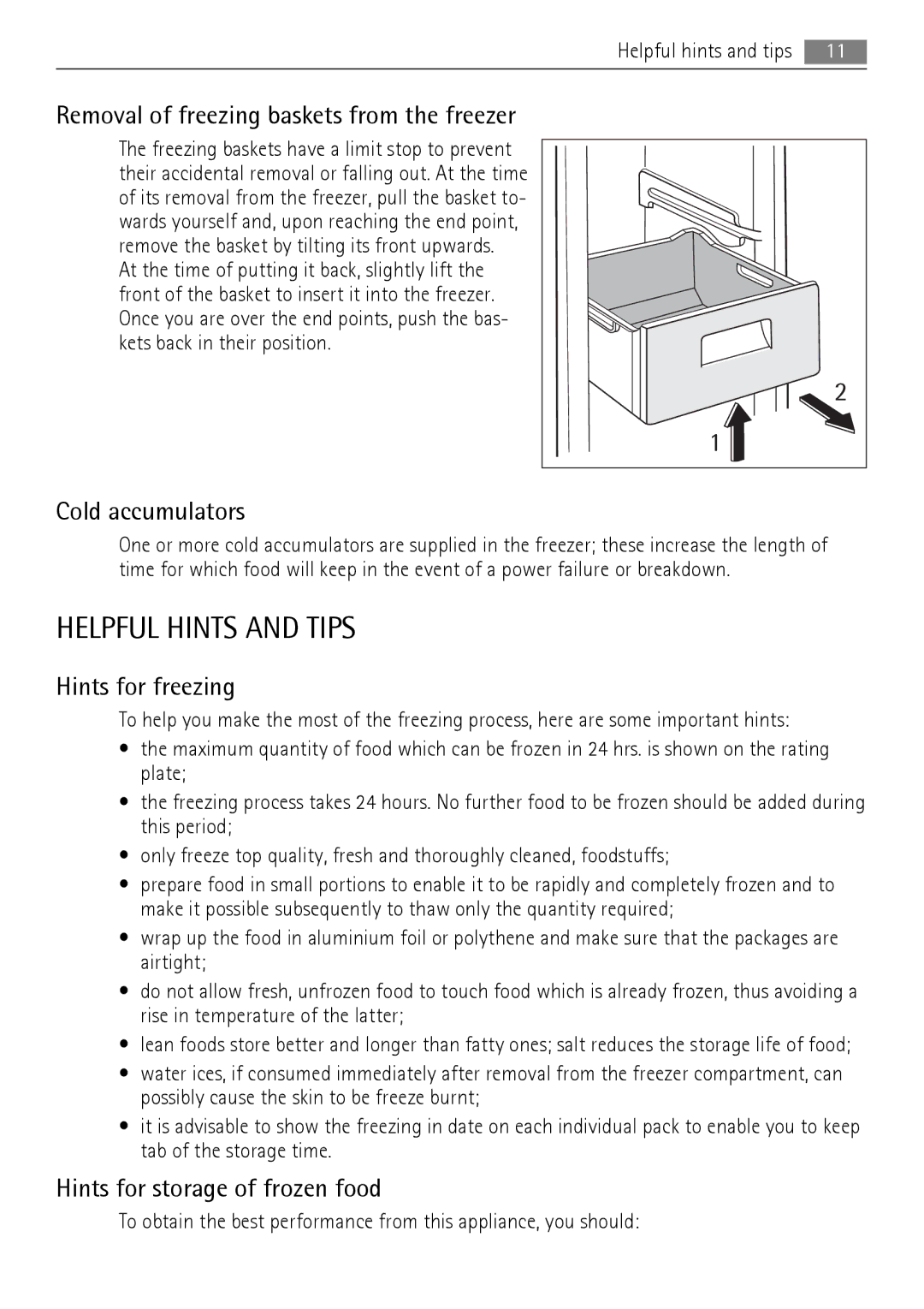 AEG A72700GNW0, A73100GNW0 Helpful Hints and Tips, Cold accumulators, Hints for freezing, Hints for storage of frozen food 