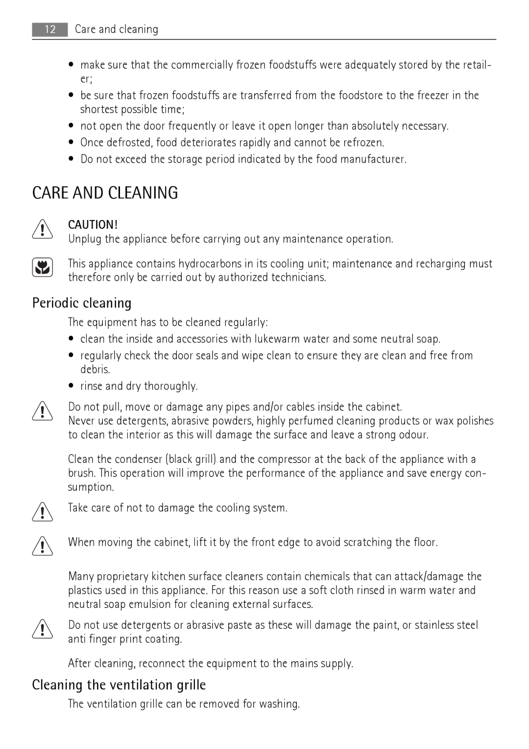 AEG A73100GNW0, A72700GNW0 user manual Care and Cleaning, Periodic cleaning, Cleaning the ventilation grille 