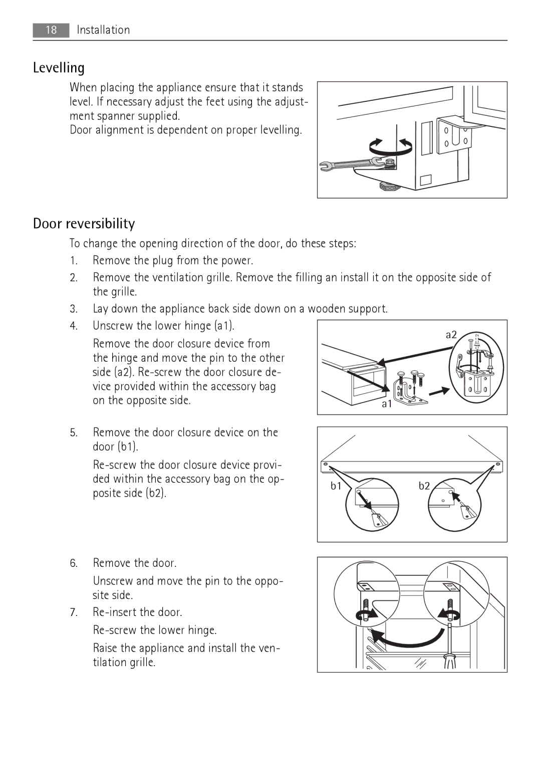 AEG A73100GNW0, A72700GNW0 user manual Levelling, Door reversibility 