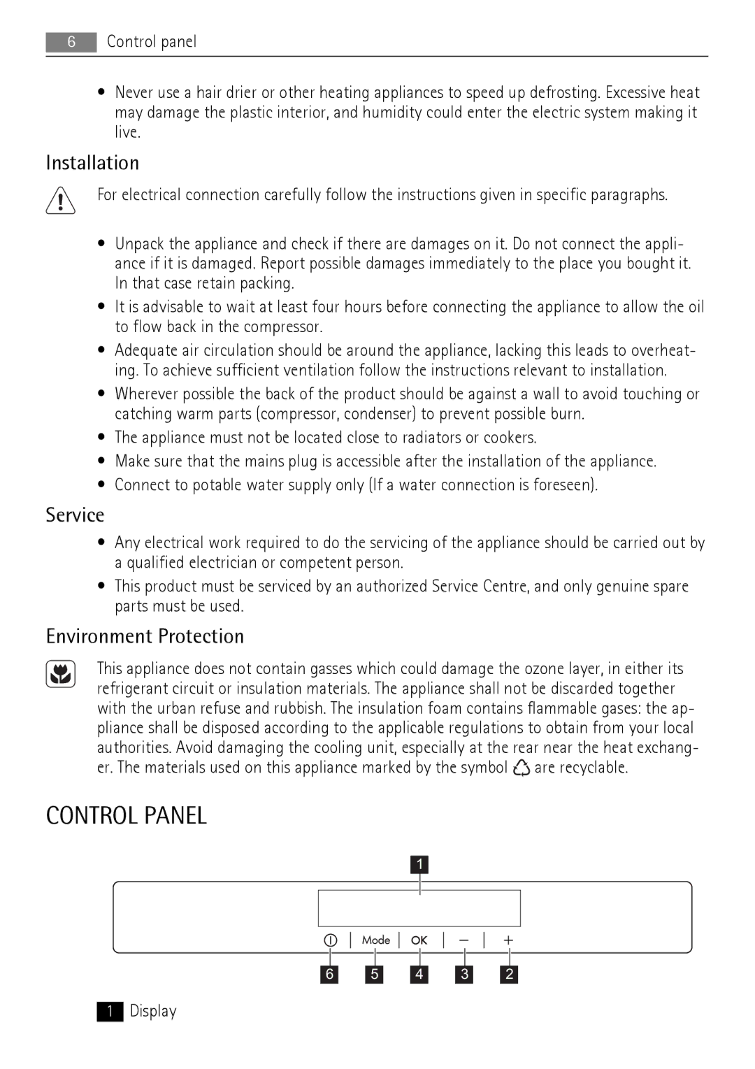 AEG A73100GNW0, A72700GNW0 user manual Control Panel, Installation, Service, Environment Protection 