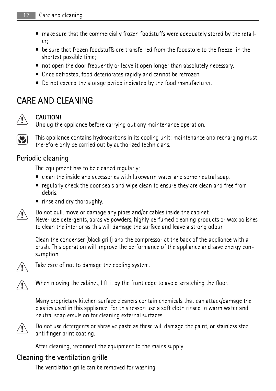 AEG A73100GNW0, A72700GNW0 user manual Care And Cleaning, Periodic cleaning, Cleaning the ventilation grille 
