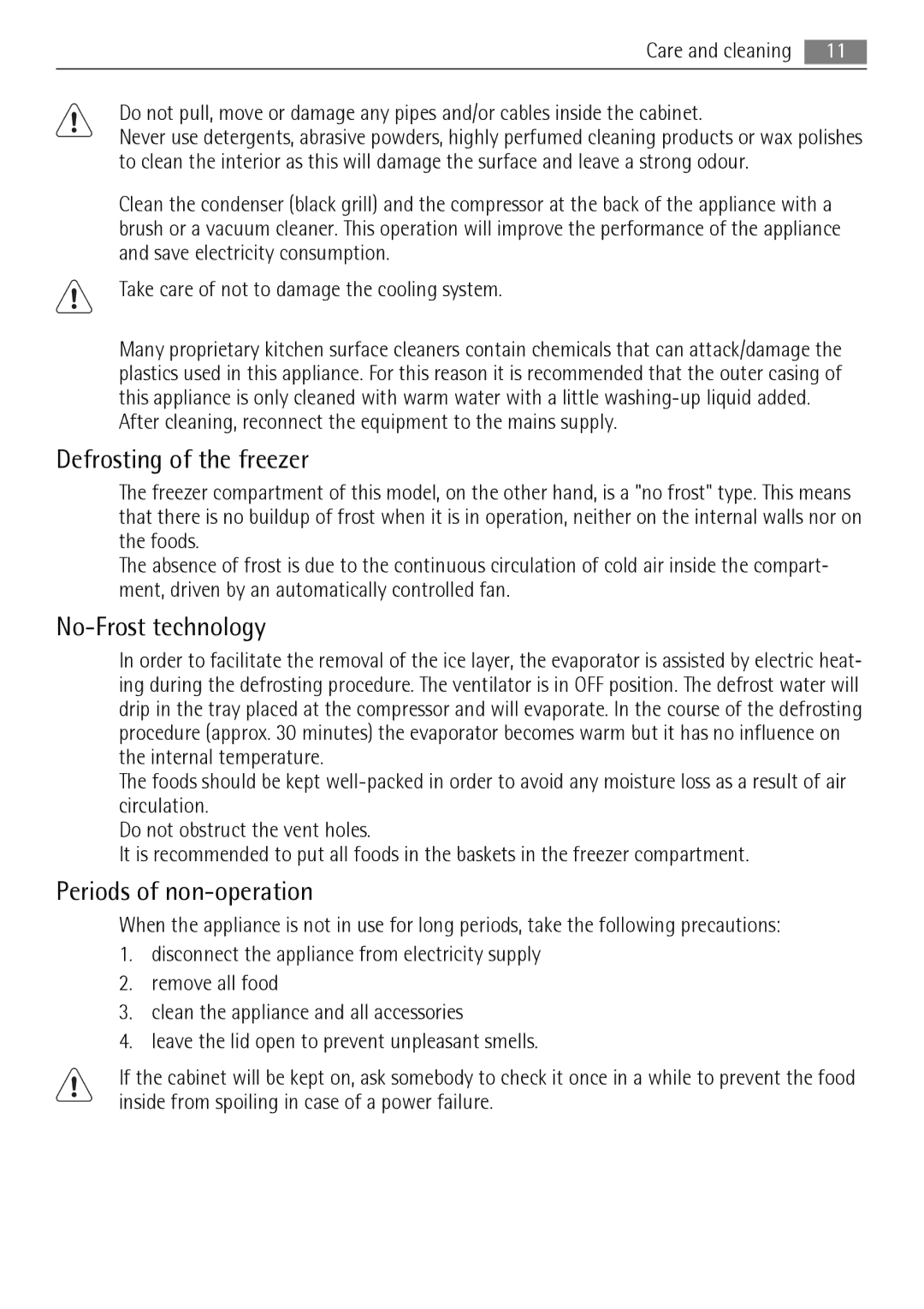 AEG A81000TNW0 user manual Defrosting of the freezer, No-Frost technology, Periods of non-operation 