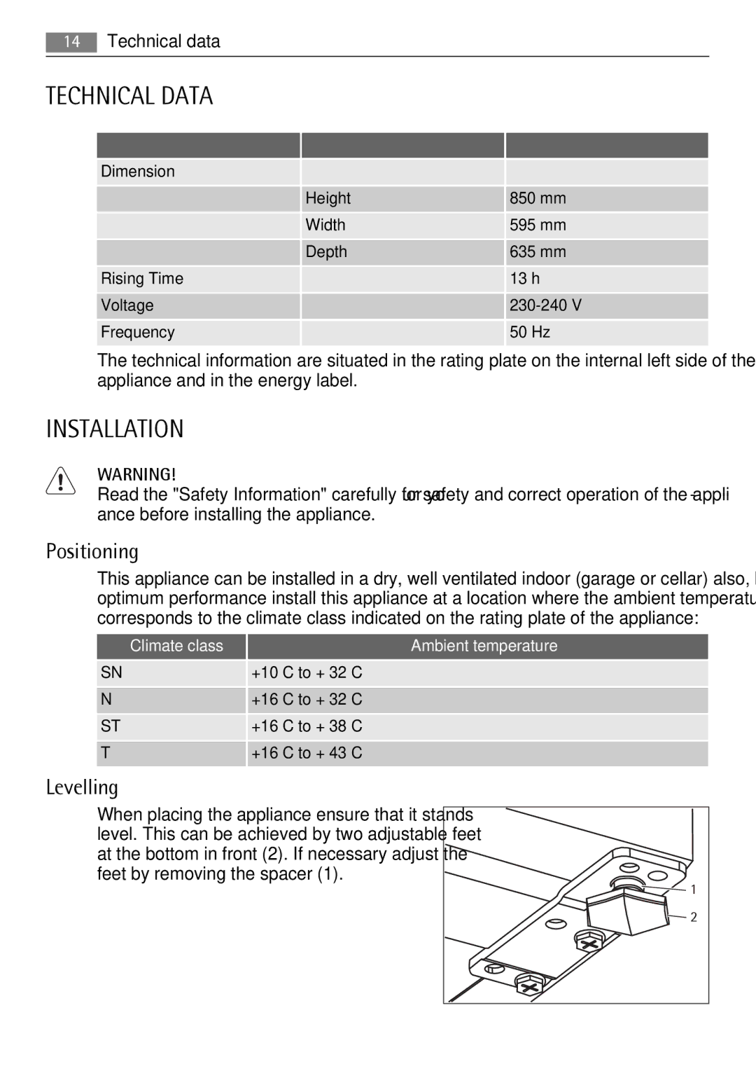 AEG A81000TNW0 user manual Technical Data, Installation, Positioning, Levelling 