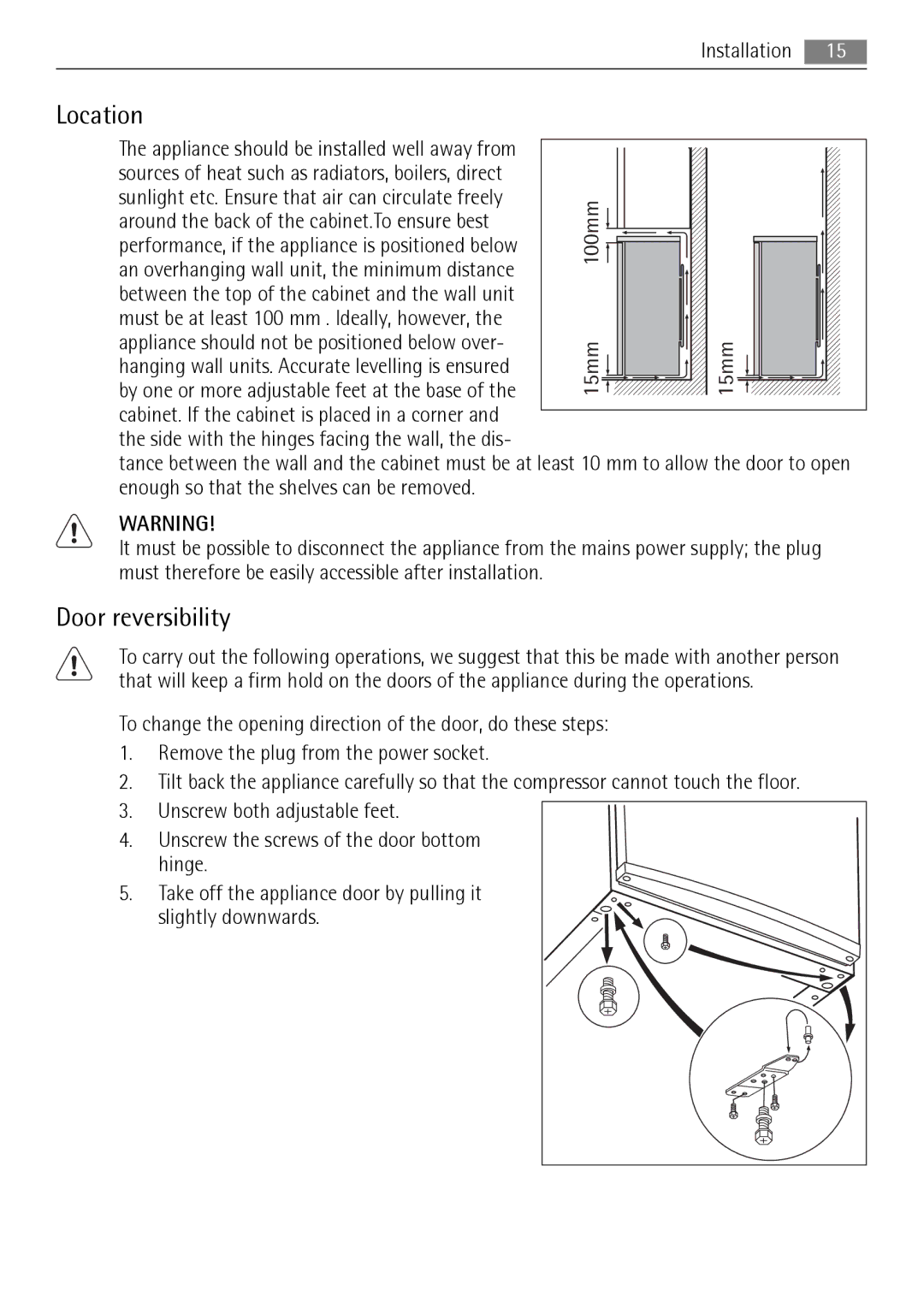 AEG A81000TNW0 user manual Location, Door reversibility 