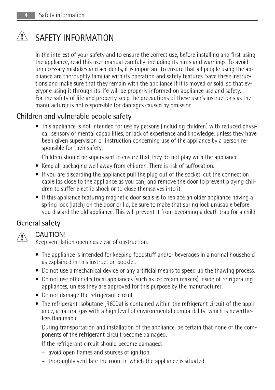 AEG A81000TNW0 user manual Safety Information, Children and vulnerable people safety, General safety 