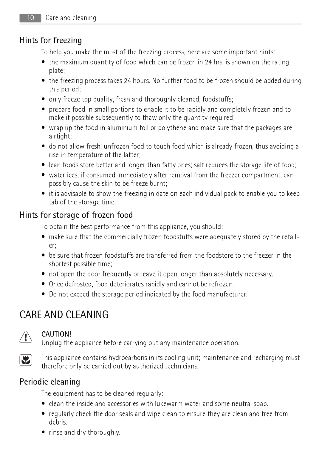 AEG A81000TNX0 user manual Care and Cleaning, Hints for freezing, Hints for storage of frozen food, Periodic cleaning 