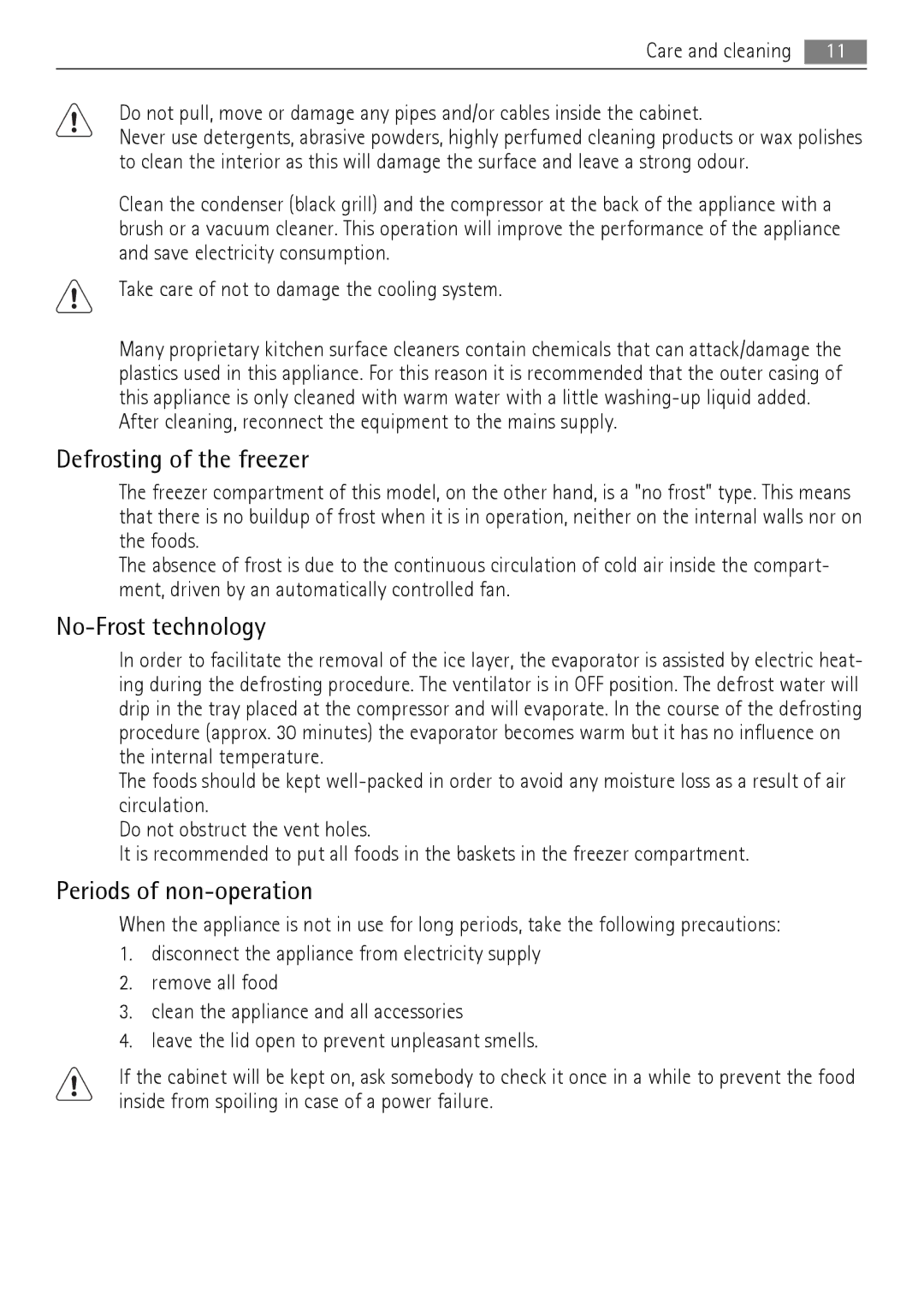 AEG A81000TNX0 user manual Defrosting of the freezer, No-Frost technology, Periods of non-operation 