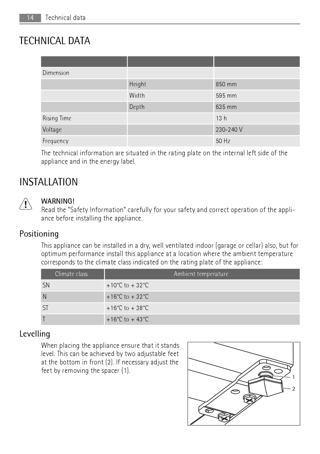 AEG A81000TNX0 user manual Technical Data, Installation, Positioning, Levelling 