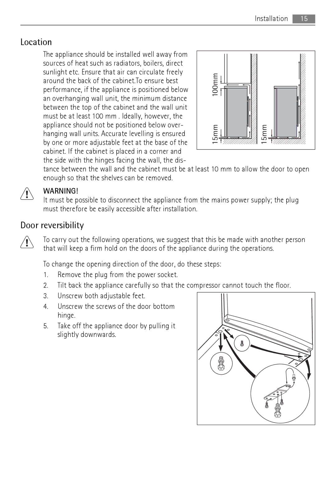 AEG A81000TNX0 user manual Location, Door reversibility 