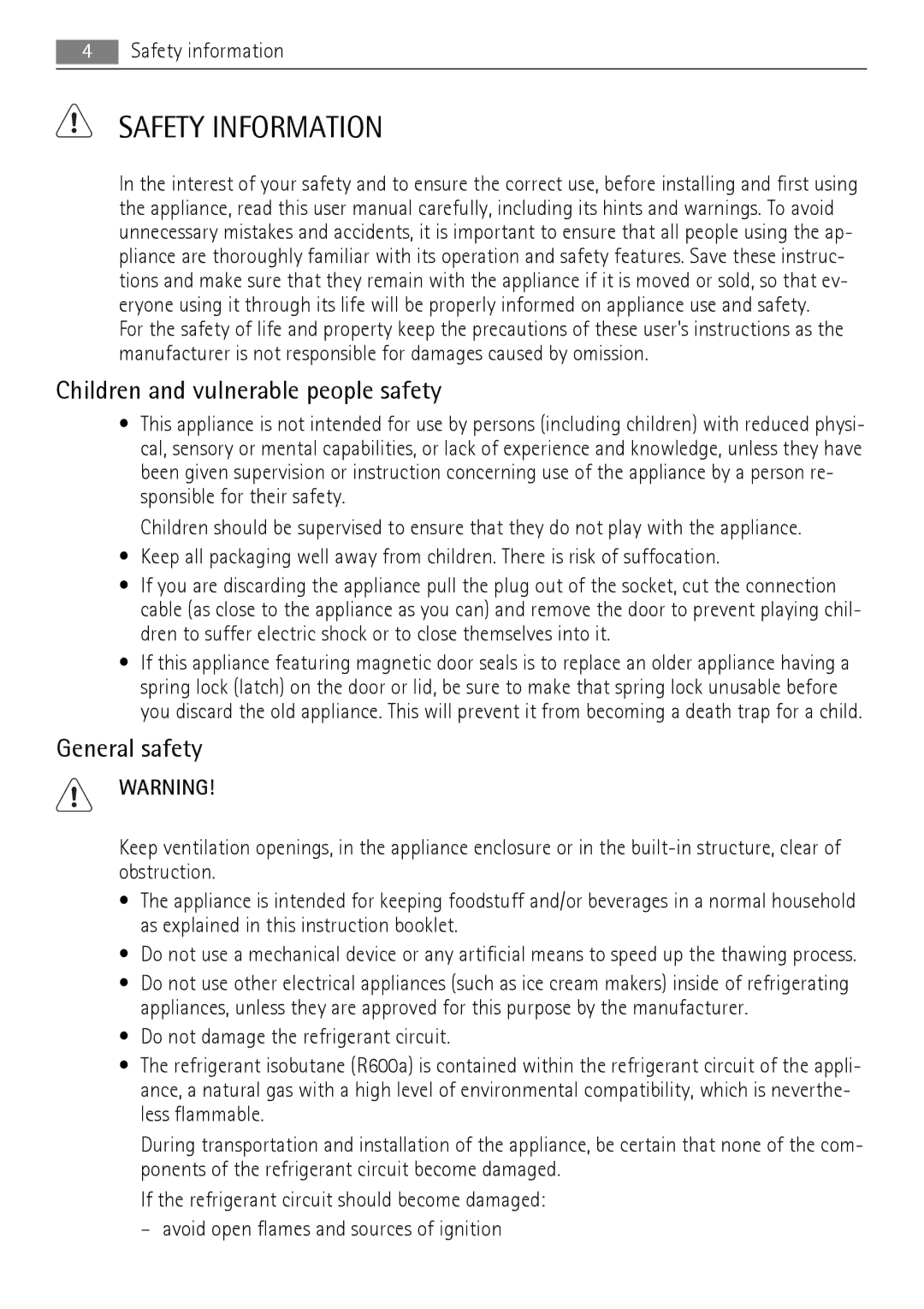 AEG A92200GNM0 user manual Safety Information, Children and vulnerable people safety, General safety 