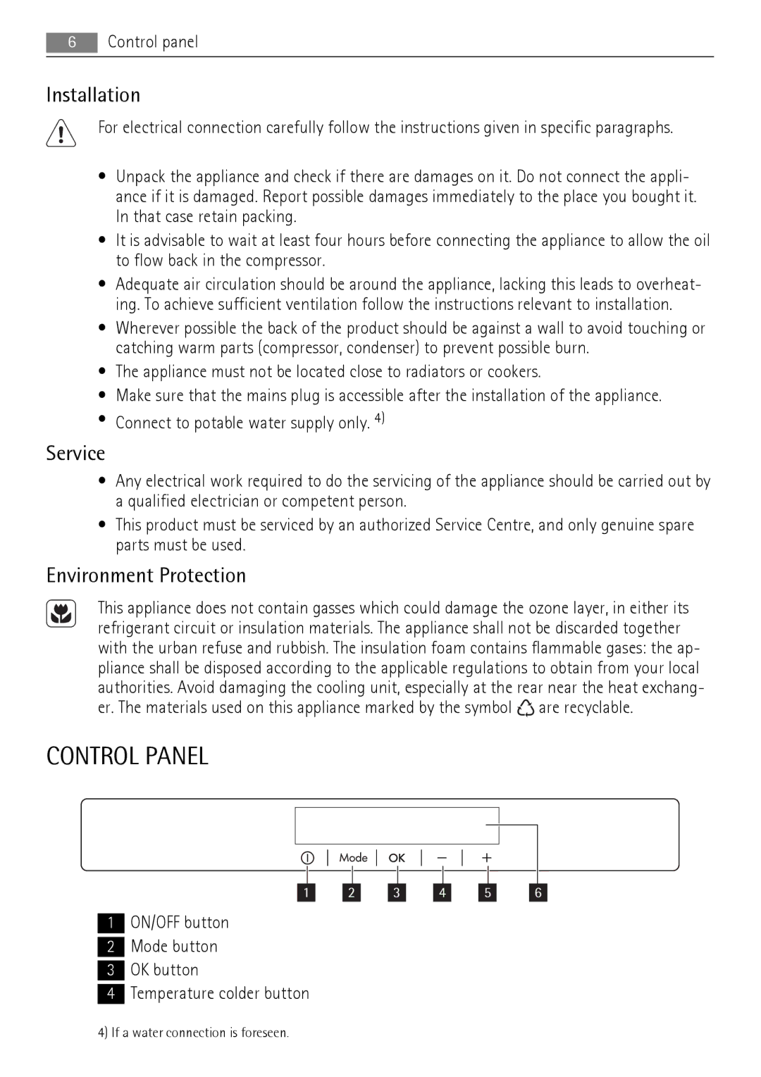 AEG A92200GNM0 user manual Control Panel, Installation, Service, Environment Protection 