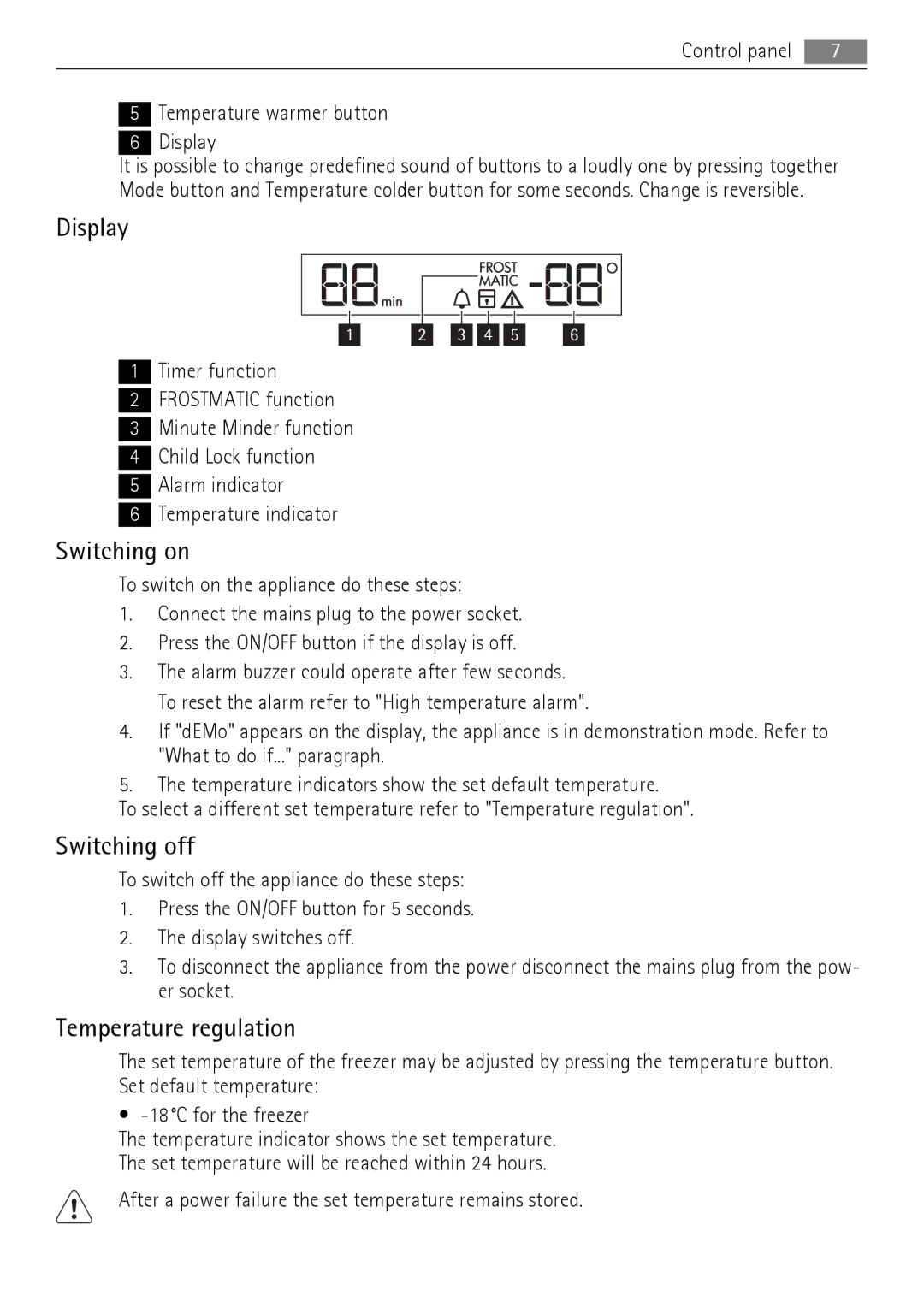 AEG A92200GNM0 user manual Display, Switching on, Switching off, Temperature regulation 