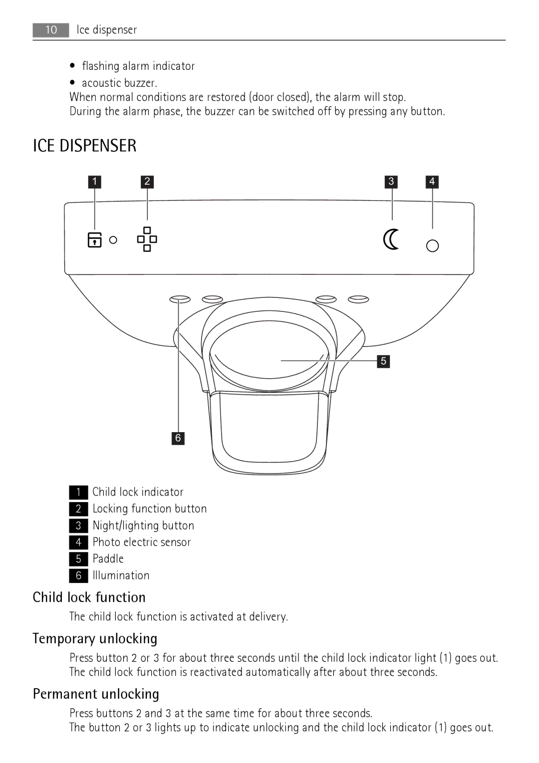 AEG A92860GNB0 user manual ICE Dispenser, Temporary unlocking, Permanent unlocking 