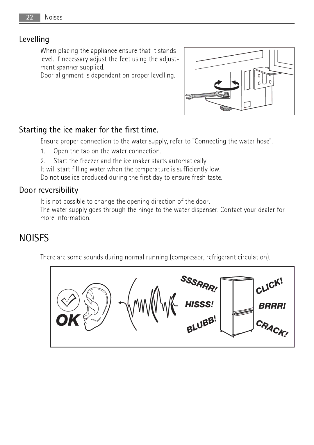 AEG A92860GNB0 user manual Noises, Levelling, Starting the ice maker for the first time, Door reversibility 